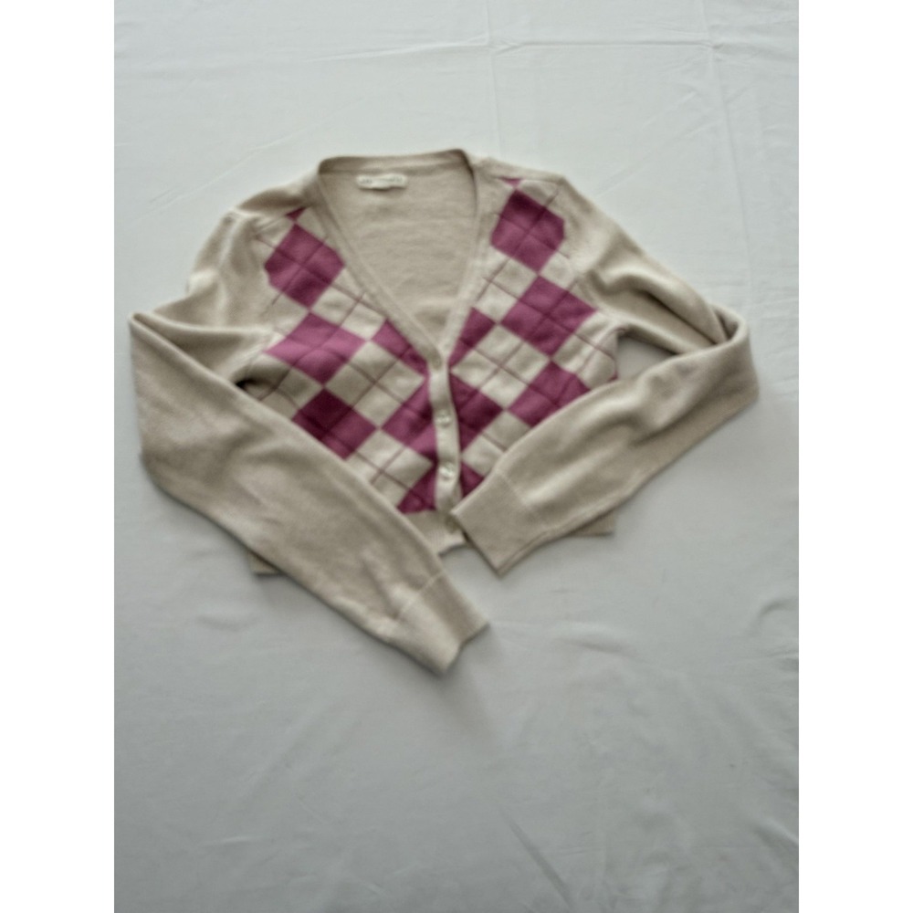 Aeropostale Cardigan Sweater Juniors Small Beige Argyle V Neck Cropped